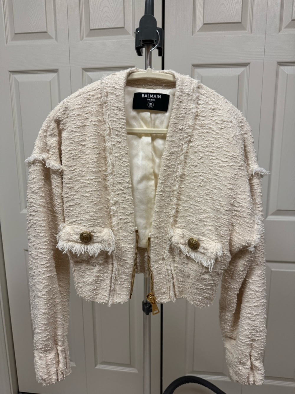 Balmain Cream Fringe Tweed Cropped Blazer with Gold Buttons in FR38